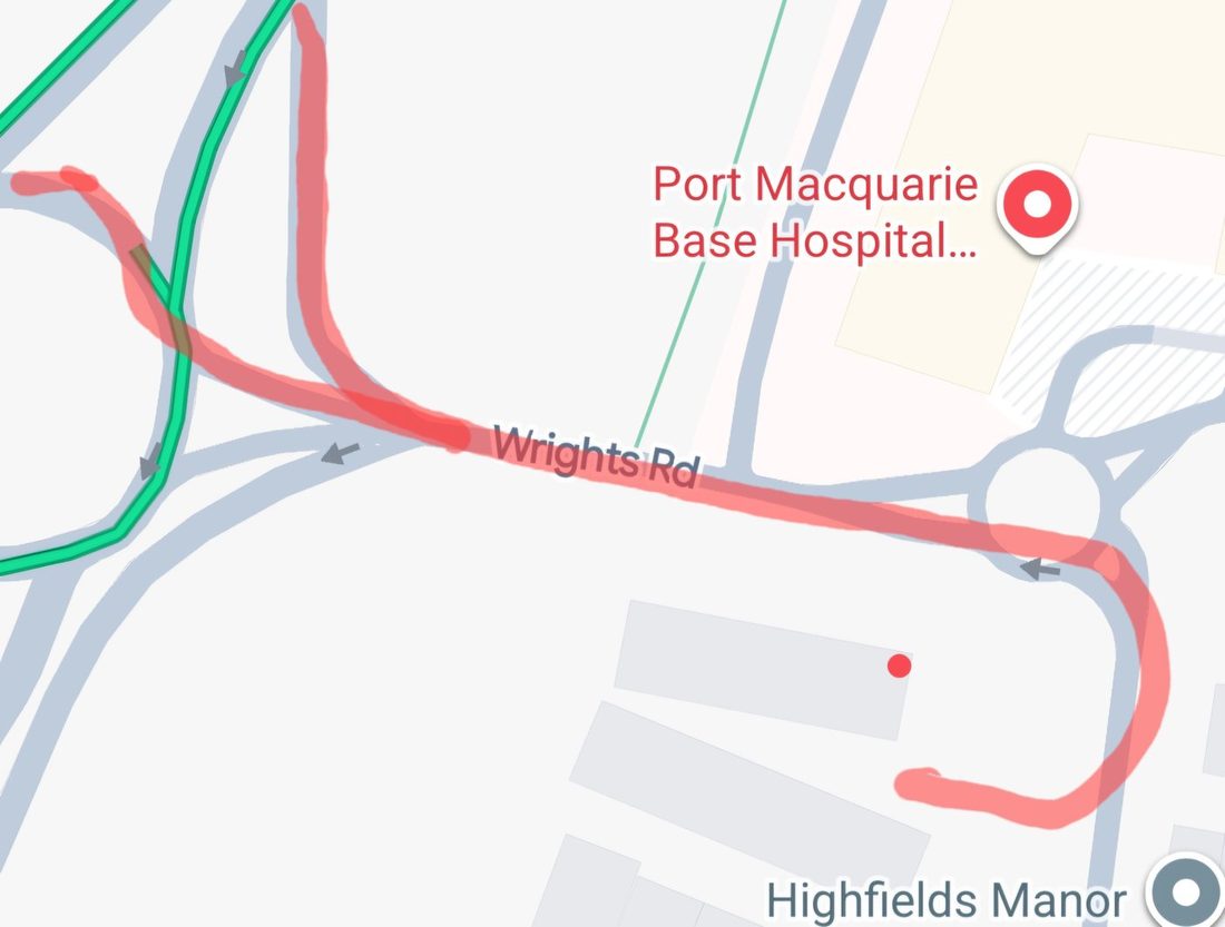 Map showing the route along Wrights Road to The Highfields Centre on Highfields Circuit, near Port Macquarie Base Hospital
